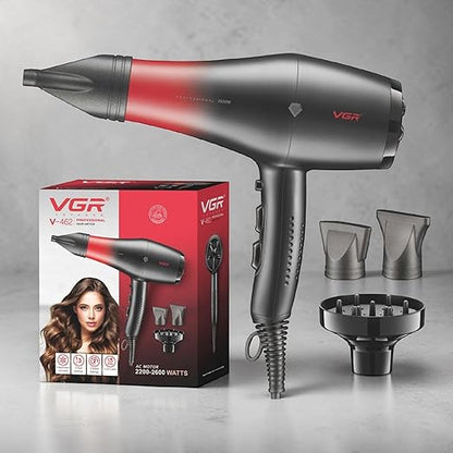 VGR V-462 Professional Salon Series Hair Dryer 2200-2600W AC Motor 3 Heat & 2 Speed Setting Independent Cool Shot Styling Nozzle Concentrator Diffuser Overheating Protection (Red)
