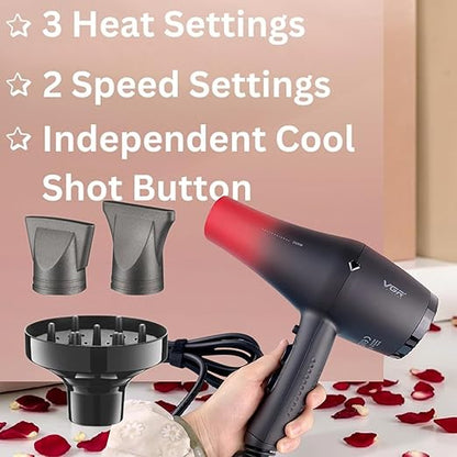 VGR V-462 Professional Salon Series Hair Dryer 2200-2600W AC Motor 3 Heat & 2 Speed Setting Independent Cool Shot Styling Nozzle Concentrator Diffuser Overheating Protection (Red)