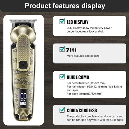 VGR 095 Beard Trimmer for Men, 7 in 1 Waterproof Cordless Hair Trimmer and Trimmer, Electric Shavers with T-Blade, Grooming Kit for Nose Body Ear Mustache