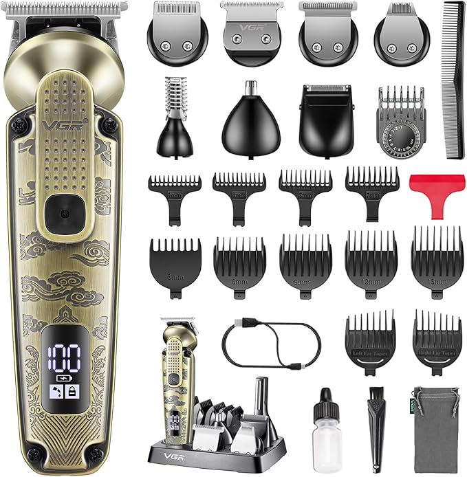 VGR 095 Beard Trimmer for Men, 7 in 1 Waterproof Cordless Hair Trimmer and Trimmer, Electric Shavers with T-Blade, Grooming Kit for Nose Body Ear Mustache