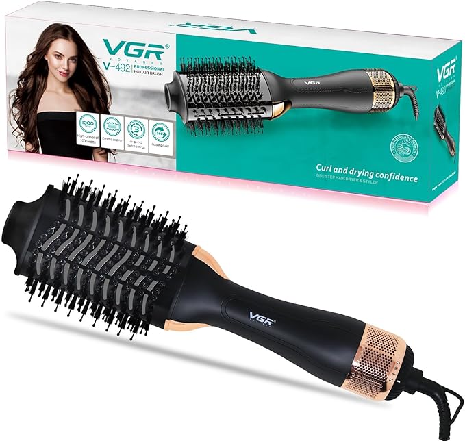VGR V-492 Professional Hair Styler – 2-in-1 Hot Air Brush for Drying, Straightening & Curling Hair, Anti-Scald Design, 3 Heat Settings, 360° Swivel Cord