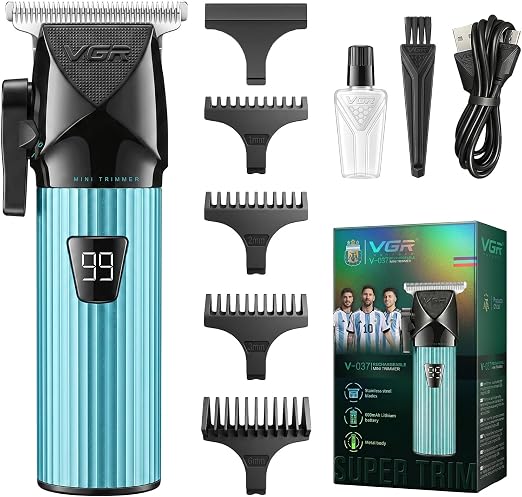VGR 037 Mini T-Blade Hair Trimmer for Men, Zero Gap Trimmers, Green Metal Body, Stainless Steel Blade, LED Display, USB Charging.