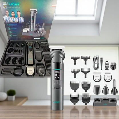 V-096IPX7 Professional Hair Trimmer Kit, 14-in-1 Waterproof Grooming Set with Metal Design, 150-Min Runtime, 7000 RPM Motor, Digital Display, USB Charging, Stand