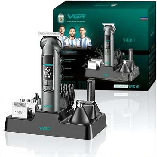 V-096IPX7 Professional Hair Trimmer Kit, 14-in-1 Waterproof Grooming Set with Metal Design, 150-Min Runtime, 7000 RPM Motor, Digital Display, USB Charging, Stand