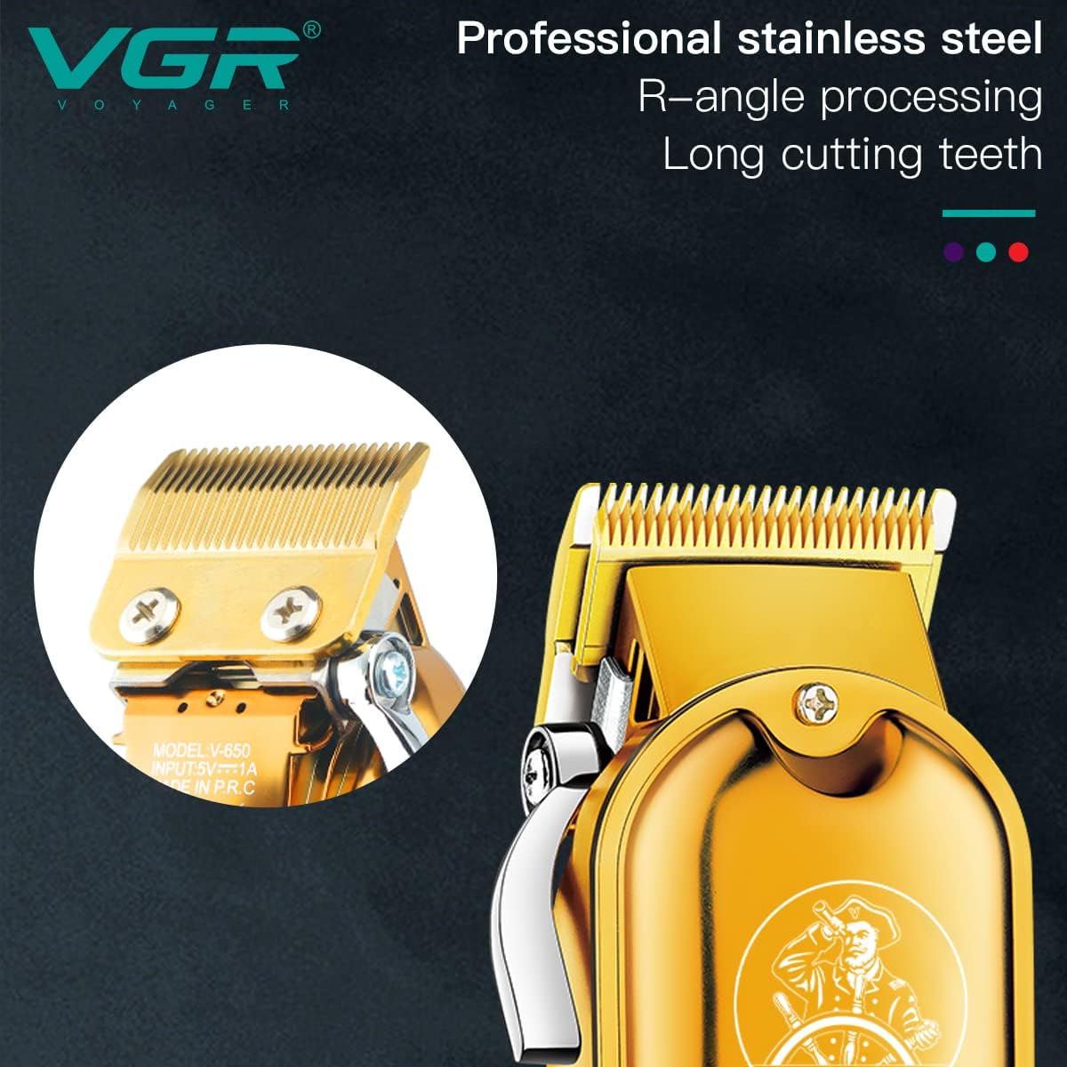 VGR V-650 Professional Hair Clipper with LED Display, Stainless Steel Blades, USB Charging cable, 6 Guide Comb, 2000 mAh Li-ion Battery (Gold)