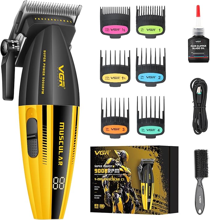 VGR 285 Fresh Fade Hair Clippers for Men, 9000RPM Professional Barber Clippers for Hair Cutting, Cordless Small Hair Trimmer Lightweight Versatile Barber Kit with 6 Magnetic Guide Combs, LED Display