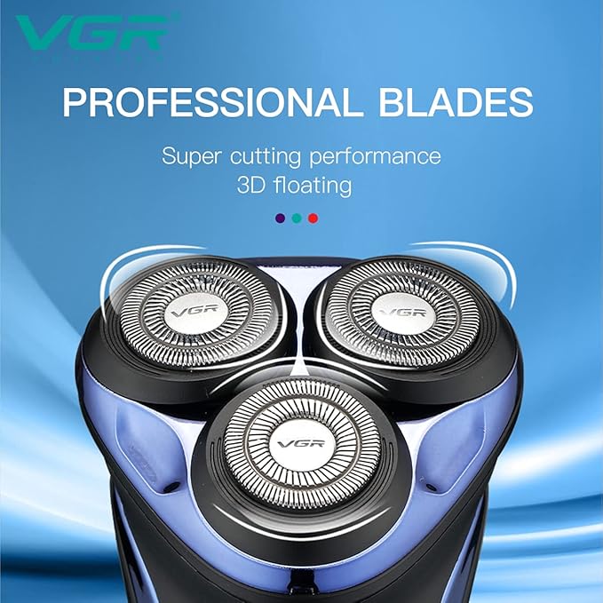 VGR V-306 Premium Cordless Rechargeable IPX7 Fully Waterproof 3 Head Electric Shaver Wet & Dry Rotary Shavers with Pop-up Trimmer Super-Fast Charge 90 minutes Runtime with LED Digital Display - Blue
