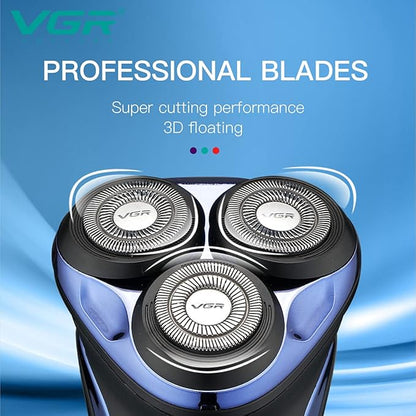 VGR V-306 Premium Cordless Rechargeable IPX7 Fully Waterproof 3 Head Electric Shaver Wet & Dry Rotary Shavers with Pop-up Trimmer Super-Fast Charge 90 minutes Runtime with LED Digital Display - Blue