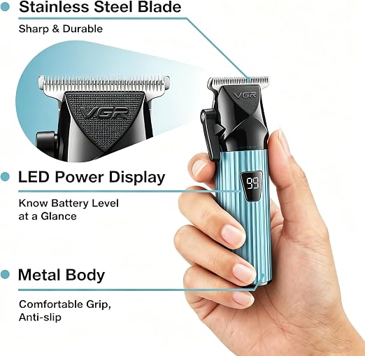 VGR 037 Mini T-Blade Hair Trimmer for Men, Zero Gap Trimmers, Green Metal Body, Stainless Steel Blade, LED Display, USB Charging.