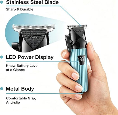 VGR 037 Mini T-Blade Hair Trimmer for Men, Zero Gap Trimmers, Green Metal Body, Stainless Steel Blade, LED Display, USB Charging.
