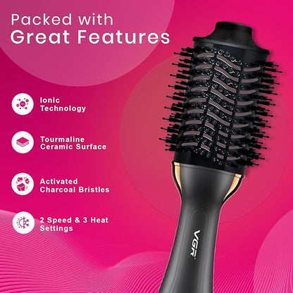 VGR V-492 Professional Hair Styler – 2-in-1 Hot Air Brush for Drying, Straightening & Curling Hair, Anti-Scald Design, 3 Heat Settings, 360° Swivel Cord