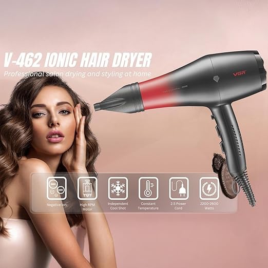 VGR V-462 Professional Salon Series Hair Dryer 2200-2600W AC Motor 3 Heat & 2 Speed Setting Independent Cool Shot Styling Nozzle Concentrator Diffuser Overheating Protection (Red)