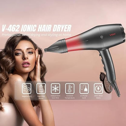 VGR V-462 Professional Salon Series Hair Dryer 2200-2600W AC Motor 3 Heat & 2 Speed Setting Independent Cool Shot Styling Nozzle Concentrator Diffuser Overheating Protection (Red)
