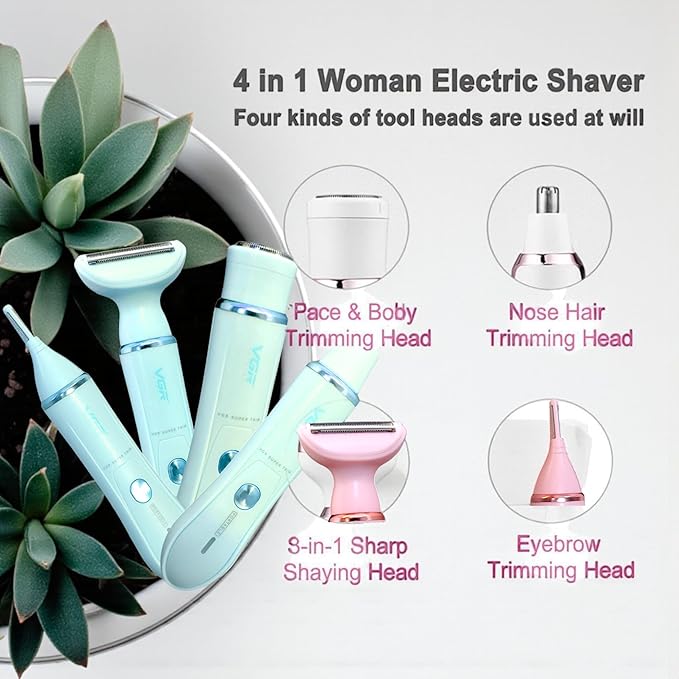 VGR V-761 Professional 4-in-1 Electric Lady Shaver Set, Pink, Waterproof Rechargeable Trimmer with Interchangeable Heads for Face, Body, Nose, Eyebrow Grooming, USB Charging.