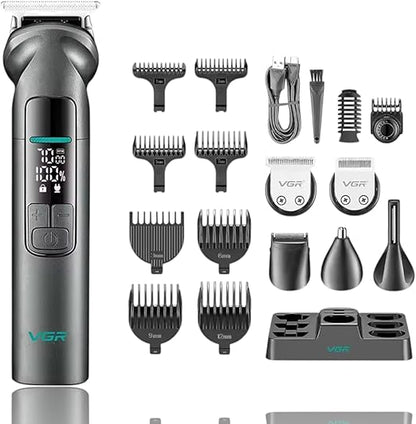 V-096IPX7 Professional Hair Trimmer Kit, 14-in-1 Waterproof Grooming Set with Metal Design, 150-Min Runtime, 7000 RPM Motor, Digital Display, USB Charging, Stand