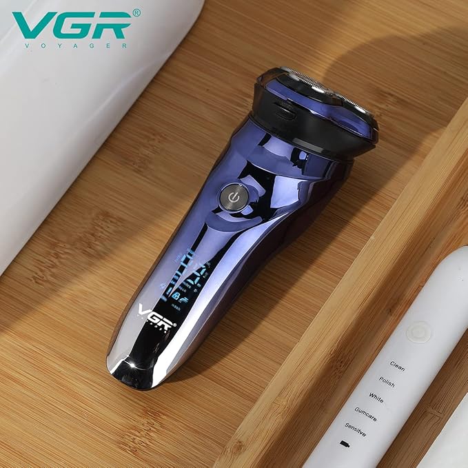 VGR V-305 Premium Cordless Rechargeable IPX7 Fully Waterproof 3 Head Electric Shaver Wet & Dry Rotary Shavers for Men with Pop-up Trimmer Super-Fast Charge 100 minutes Runtime with LED Digital Display