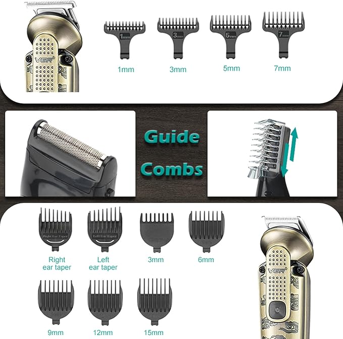 VGR 095 Beard Trimmer for Men, 7 in 1 Waterproof Cordless Hair Trimmer and Trimmer, Electric Shavers with T-Blade, Grooming Kit for Nose Body Ear Mustache
