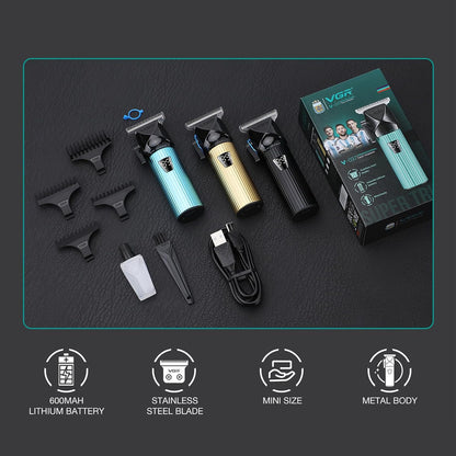 VGR 037 Mini T-Blade Hair Trimmer for Men, Zero Gap Trimmers, Green Metal Body, Stainless Steel Blade, LED Display, USB Charging.