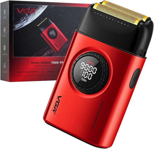 VGR 377 Foil Shaver for Men, Electric Razor for Shaving Face with Double Foil, 21-Speed 9000 RPM Motor Bald Shavers LED Display Titanium Foils, Barber Supplies (Red), Men's Gifts