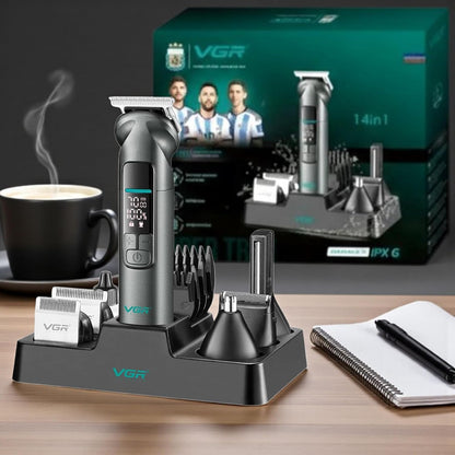V-096IPX7 Professional Hair Trimmer Kit, 14-in-1 Waterproof Grooming Set with Metal Design, 150-Min Runtime, 7000 RPM Motor, Digital Display, USB Charging, Stand