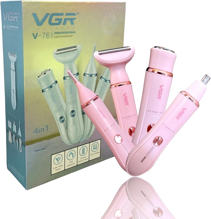 VGR V-761 Professional 4-in-1 Electric Lady Shaver Set, Pink, Waterproof Rechargeable Trimmer with Interchangeable Heads for Face, Body, Nose, Eyebrow Grooming, USB Charging.
