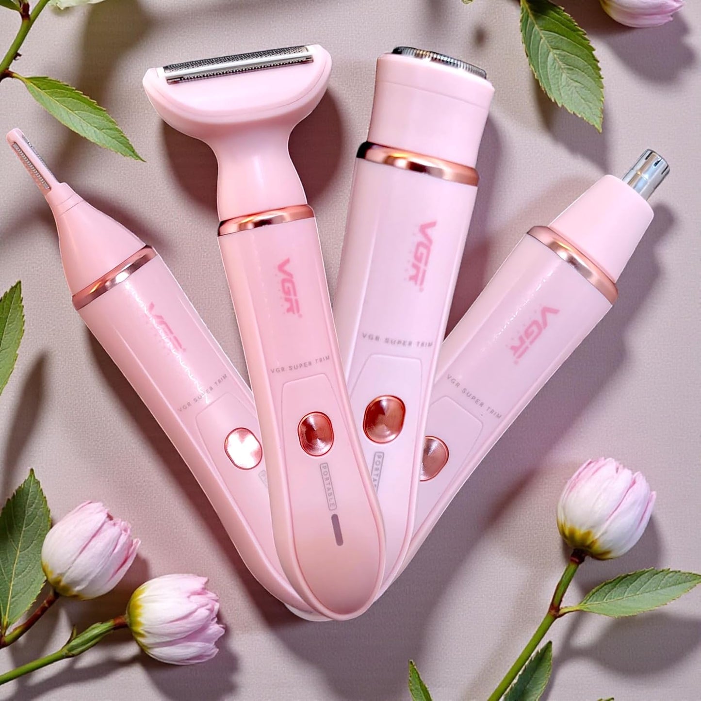 VGR V-761 Professional 4-in-1 Electric Lady Shaver Set, Pink, Waterproof Rechargeable Trimmer with Interchangeable Heads for Face, Body, Nose, Eyebrow Grooming, USB Charging.