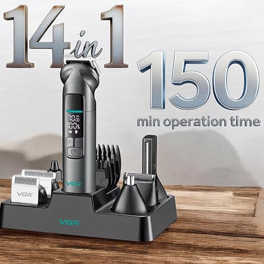 V-096IPX7 Professional Hair Trimmer Kit, 14-in-1 Waterproof Grooming Set with Metal Design, 150-Min Runtime, 7000 RPM Motor, Digital Display, USB Charging, Stand