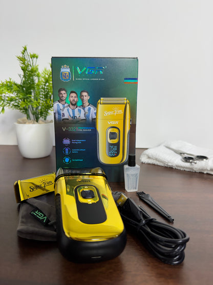 ماكينة حلاقة VGR V-332 الفاخرة اللاسلكية القابلة لإعادة الشحن للرجال مع أداة تشذيب منبثقة، ماكينة حلاقة رطبة وجافة للعناية بالوجه، أداة تشذيب اللحية، شحن فائق السرعة، وقت تشغيل 150 دقيقة مع شاشة رقمية LED 6500-7500 دورة في الدقيقة 