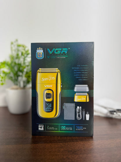 ماكينة حلاقة VGR V-332 الفاخرة اللاسلكية القابلة لإعادة الشحن للرجال مع أداة تشذيب منبثقة، ماكينة حلاقة رطبة وجافة للعناية بالوجه، أداة تشذيب اللحية، شحن فائق السرعة، وقت تشغيل 150 دقيقة مع شاشة رقمية LED 6500-7500 دورة في الدقيقة 