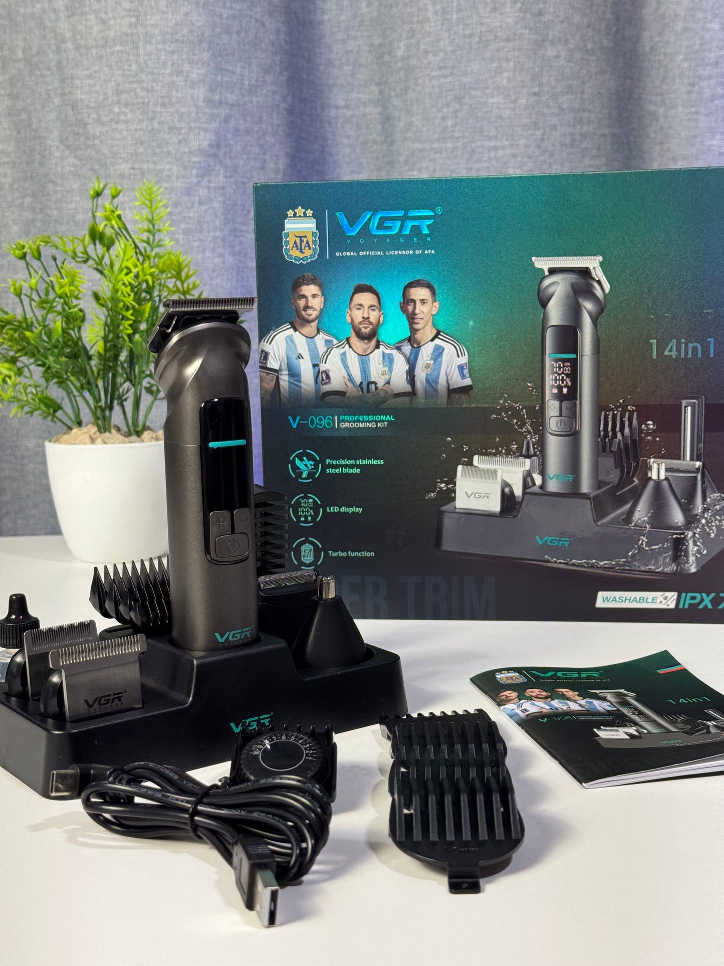 V-096IPX7 Professional Hair Trimmer Kit, 14-in-1 Waterproof Grooming Set with Metal Design, 150-Min Runtime, 7000 RPM Motor, Digital Display, USB Charging, Stand