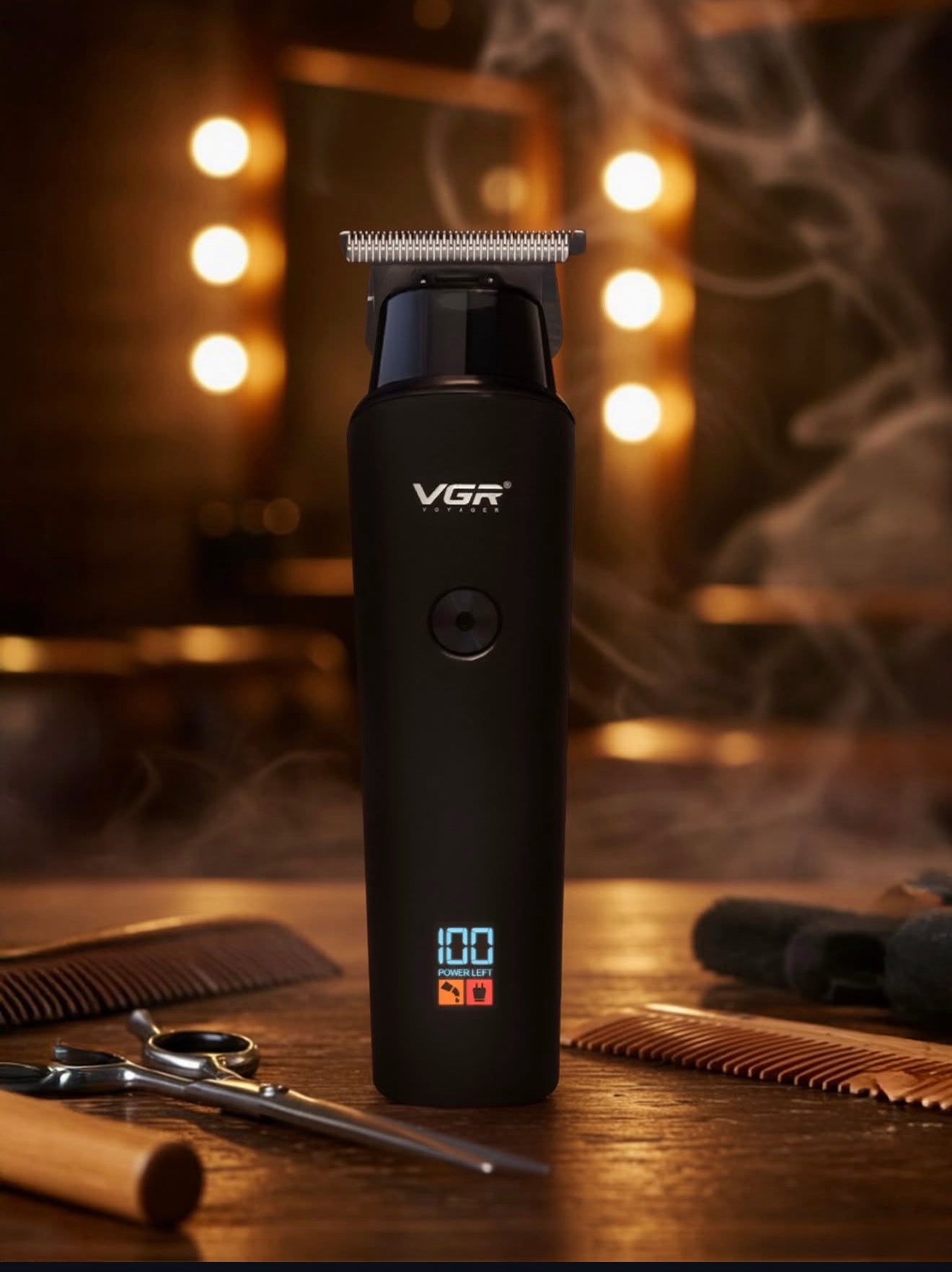 VGR V-937 Professional Rechargeable Hair Trimmer with USB Charging Cable, LED Display, Stainless Steel blades, 3 Guide Combs for Men, 2000 mAh Li-ion Battery (Black).