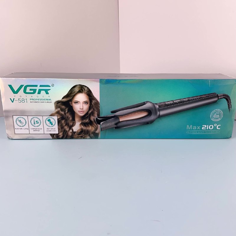V-581 Professional Automatic Hair Curler- featuring automatic curling technology, ceramic coating, and multiple heat settings (130°C-210°C), ready to use in just 60 seconds.