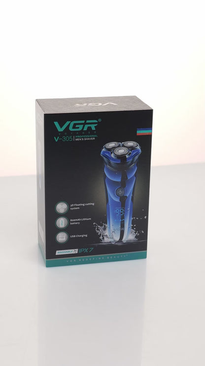 VGR V-305 Premium Cordless Rechargeable IPX7 Fully Waterproof 3 Head Electric Shaver Wet & Dry Rotary Shavers for Men with Pop-up Trimmer Super-Fast Charge 100 minutes Runtime with LED Digital Display