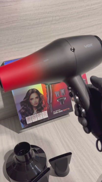 VGR V-462 Professional Salon Series Hair Dryer 2200-2600W AC Motor 3 Heat & 2 Speed Setting Independent Cool Shot Styling Nozzle Concentrator Diffuser Overheating Protection (Red)